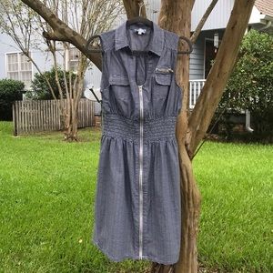 Navy & White Smocked Front-ZIP Aline Dress